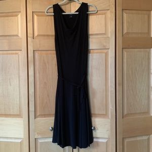 Black cowl neck flowy stretchy dress with belt